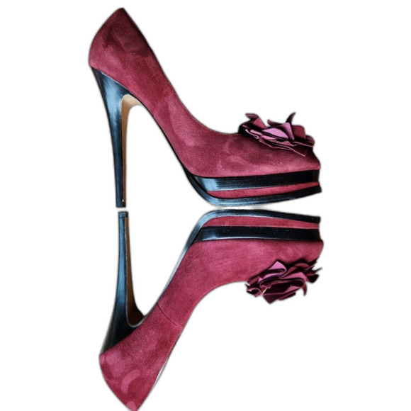 Classiques Entier Heels‎ Platform Stilettos Red Pink Burgundy Suede Flower 7.5 - Picture 1 of 12